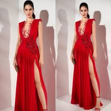 Женское вечернее платье с блестками Pretty, красное шифоновое ТРАПЕЦИЕВИДНОЕ ПЛАТЬЕ С Высоким Разрезом, расшитое бисером, для выпускного вечера, 2020 2024 - купить недорого
