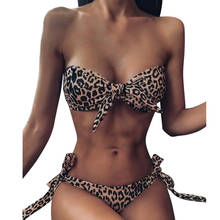 Women Leopard Print Bandeau Swimsuit Swimwear Bikini Set Push-up Padded Bra Bow Strapless Swimwear Bathing Beachwear @40 2024 - buy cheap