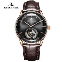 Reef Tiger/RT-reloj mecánico de negocios para hombre, pulsera con correa de cuero marrón, carcasa de oro rosa, resistente al agua, de cristal de zafiro 2024 - compra barato