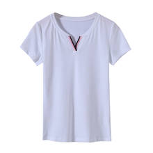 Camisa de manga curta feminina, camiseta para mulheres, com costura, contraste de cor, gola em v, tamanho grande, moderna, confortável, 2021 2024 - compre barato