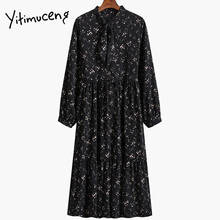 Yitimuceng floral maxi vestidos para as mulheres 2021 impressão de festa manga longa preto do vintage vestido vermelho solto cintura moda nova moda 2024 - compre barato