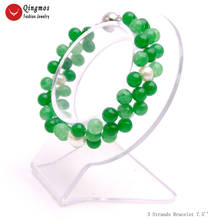 Qingmos-pulsera jade verde oscuro Natural para mujer, brazalete de perlas blancas de 6mm, 3 hebras, 7,5 ", joyería bra500 2024 - compra barato