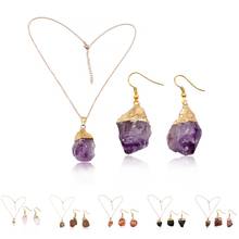 Purple Irregularity Crystal Pendant Necklace Earrings Sets Golden Accessory Stone Jewelry Gold Plated GS006 2024 - buy cheap