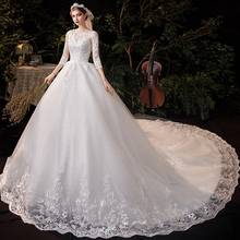 Luxury Big Sweep Train Pure White Wedding Dress 2022 New Simple O Neck Three Quarter Sleeve Lace Flower Plus Size Bridal Gown 2024 - buy cheap