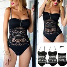 Fashion Women Sexy Hollow Out Lace Up Hlater Black One-Piece Suit Monokini Swimsuit Beachwear Bathing Suits 2024 - buy cheap