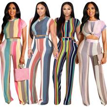 Women two piece set summer crop top wide leg pants striped patchwork tops pants 2 piece set women's two pieces sets suits 2024 - buy cheap