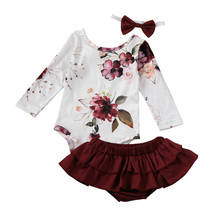 Macacão infantil feminino para bebês, 3 pçs, manga longa, floral, plissado, saia tutu, tiara, roupas, conjuntos, top 0-12 meses 2024 - compre barato