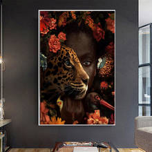 Arte Africano, mujer negra, Tigre, rosa, pájaro, pintura al óleo sobre lienzo, Cuadros, carteles e impresiones, arte de pared, imagen para decoración de sala de estar 2024 - compra barato