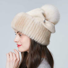 Chapéus de lã de malha, chapéus femininos da moda, de lã de vison, grosso e quente, tampas femininas com pelo de raposa, pom, gorros de orelha 2024 - compre barato