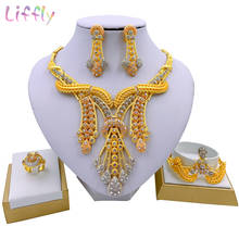 Liffly conjunto de joias estilo dubai, conjunto feminino de brincos e colar estilo indiano cristal com anel e pulseira para casamento 2024 - compre barato