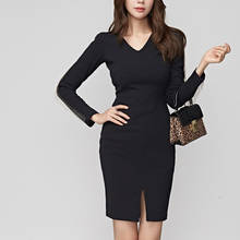 new arrival fashion pencil dress women elegant autumn vintage long sleeve v-neck temperament work style simple slim black dress 2024 - buy cheap