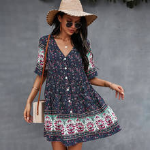 Vestido corto De verano con estampado Floral para Mujer, minivestido De manga corta con cuello De pico, estilo bohemio para vacaciones, 2021 2024 - compra barato