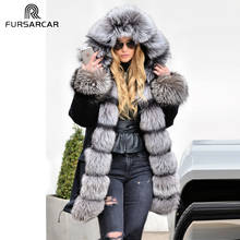 FURSARCAR 2020 Fashion Real Silver Fur Parka Women Winter 80 CM Long Coat With Fox Fur Collar And Cuff Casual Warm Fox Fur Parka 2024 - buy cheap