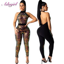 Sexy Sheer Mesh Sequin Halter Bodycon Jumpsuit Women Sleeveless Backless Night Party Clubwear Rompers Female Overalls Outfit 2024 - buy cheap