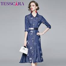 Tesscara-vestido jeans feminino, elegante, primavera/outono, alta qualidade, longo, festa, robe, femme, vintage, designer, floral 2024 - compre barato