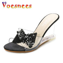 Voesnees 2021 Women's Slippers Wedge Sandals Female Black Bowknot Sexy Silver Rhinestone 8cm Female Crystal High Heels Outdodals 2024 - buy cheap