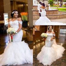 African Plus Size Wedding Dresses Spaghetti Straps Lace Appliques Beaded Capped Off Shoulder Mermaid Wedding Tiered Tulle Long 2024 - buy cheap