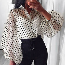 Women Lace Mesh Sheer See-through Blouse Long Sleeve Tops Shirts Polka Dot Printed Puff Sleeve Button Up Blouse Perspective Top 2024 - buy cheap
