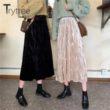 Trytree 2020 Autumn Winter Casual Woman Skirt Shinny Corduroy Elastic Waist A-line Wave Texture Solid Mid-Calf Office Lady Skirt 2024 - buy cheap