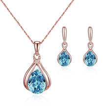 Pingentes geométricos para casamento feminino, conjunto de joias em cristal azul luxuoso, cor ouro rosa, brincos simples para mulheres, corrente de casamento 2024 - compre barato