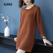 XJXKS-vestido fino de otoño para mujer, prenda de moda con cuello redondo, Mangas de tres cuartos, cómodo, tejido, top largo, 2020 2024 - compra barato