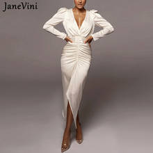JaneVini 2021 White Satin Long Dresses Deep V Neck Ruched Cut Out Sexy Split Irregular High Waist Solid Women Elegant Prom Dress 2024 - buy cheap