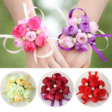 Ramillete de muñeca de Rosa Artificial, pulsera de seda, flor de dama de honor, accesorios de fiesta de boda con cinta, novedad 2024 - compra barato