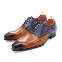 Sapatos masculinos de couro estilo clássico, estilo oxford com dedo simples, feito à mão, marrom, azul, com cadarço, para trabalho, escritório, sapatos para homens 2024 - compre barato