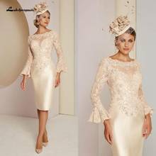 Vintage Mother of The Bride Robe Satin Short Evening Dress with Sleeves 2020 Vestidos de Noite Champagne Party Gowns Lace Beaded 2024 - buy cheap