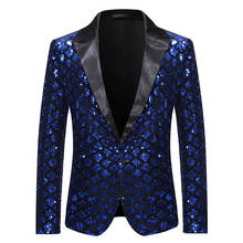 Blazer masculino com lantejoulas, jaqueta brilhante azul real, smoking, traje para homens, palco, cantor, baile 2024 - compre barato