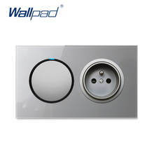 Wallpad 1 gang 2 way interruptor de luz com tomada de parede francesa tomada elétrica moldura do painel vidro temperado cristal cinza 146*86mm 2024 - compre barato