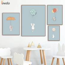 Coelho bonito pintura da lona voando coelho com balão impressão animal poster pastel berçário arte da parede do quarto do bebê decoração imagens 2024 - compre barato