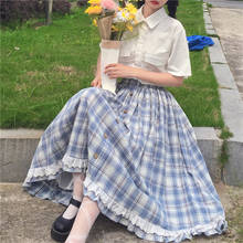Falda de estilo escolar japonés para mujer, falda larga a cuadros estilo pijo, de cintura alta, de encaje Kawaii, Lolita, 2021 2024 - compra barato