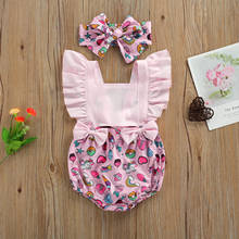 Princess Baby Girls Summer Romper + Bow Headband Flower Print Ruffes Sleeve Bow Decor Cotton Infant Backless Jumpsuits Clothes 2024 - buy cheap