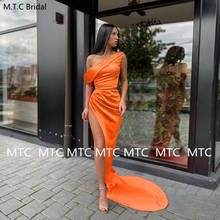 2021 sexy laranja longo vestidos de baile pregas cetim um ombro alta fenda maxi feminino ocasião festa formal vestidos para o baile 2024 - compre barato