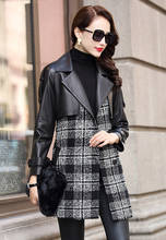 Jaqueta de couro outono inverno feminina, casaco de pele de carneiro genuíno tweed, casaco de lã corta-vento feminino my s 2024 - compre barato