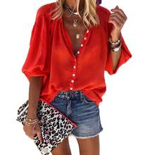 Модная Летняя женская Однотонная рубашка с глубоким v-образным вырезом и рукавом средней длины, блузка, Топ 2024 - купить недорого