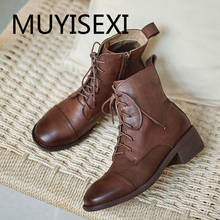 Leisure vintage genuine leather 4.5cm med heels round toe lace up side zipper warm mature women basic ankle boots TN41 MUYISEXI 2024 - buy cheap