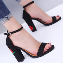 Size 34-43 Fashion Embroider Women Pumps Summer Flock Open Toe Dress Square Heels Bridal Shoes Flower Thin Buckle Female Sandals 2024 - buy cheap