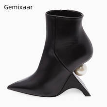 Genuine Leather Point Toe Ankle Boots Women Beading Pearl Fretwork Heel Side Zip Autumn Winter Runway Botas Mujer 2024 - buy cheap