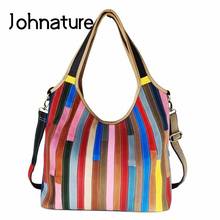 Johnature 2022 New Stripe Genuine Leather Women Bag Color Stitching Casual Tote First Layer Cowhide Shoulder Messenger Bags 2024 - buy cheap
