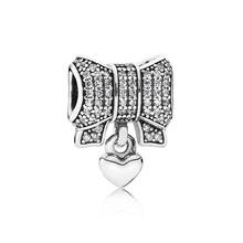 Authentic 925 Sterling Silver Bead Heart & Bow Dangle Charm Fit Fashion Women Pandora Bracelet Bangle Gift DIY Jewelry 2024 - buy cheap