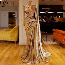 Sparkly Sequin Mermaid Evening Dress Long Sleeves Deep V Neck Dubai Arabic Prom Dresses Gold Sequins Formal Gown Party Dress 2024 - buy cheap