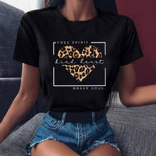 Camiseta feminina estampa oncinha coração, moda casual fofa desenho animado roupas femininas camiseta preta para mulheres camiseta gráfica 2024 - compre barato