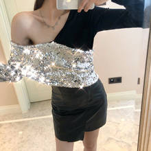 Off-shoulder Top Sequined Patchwork Women T Shirt 2022 Spring New Pullover Top Female Pullover Collarless Casual Sweatshirt DD26 2024 - buy cheap