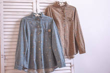Coreano estilo nova primavera blusa feminina floral impressão algodão linho renda gola manga longa solta camisa 2024 - compre barato