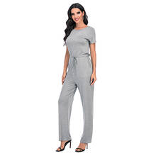 Summer Women Jumpsuit Solid Color O Neck Short Sleeve Sashes Pocket Keyhole Button Wide Leg Pants High Waist Overall Romper 2024 - buy cheap