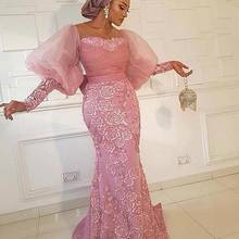 Puff Sleeves Mermaid Evening Dresses Aso Ebi Lace Appliques Prom Dress Plus Size Sheer Neck Formal Party Gowns African Robes 2024 - buy cheap