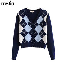 vintage stylish geometric rhombic cardigan sweater women 2020 fashion autumn warm long sleeve outerwear chic england style tops 2024 - buy cheap