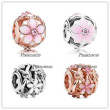925 Sterling Silver Rose Gold Magnolia Bloom Charm With Clear Cz Fit Women Pandora Bracelet & Necklace Diy Jewelry 2024 - buy cheap